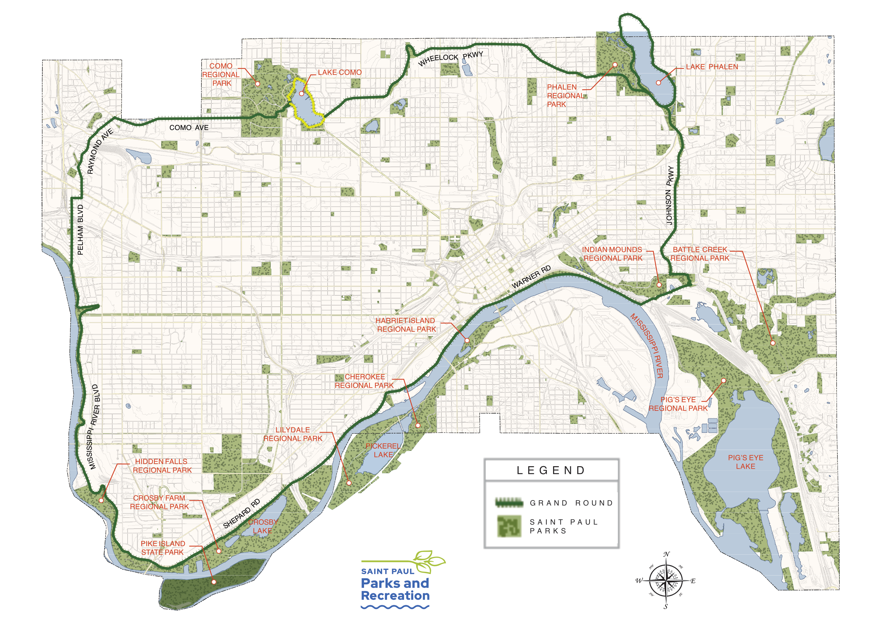 A map of the St. Paul Grand Round, with the loop around Lake Como highlighted.