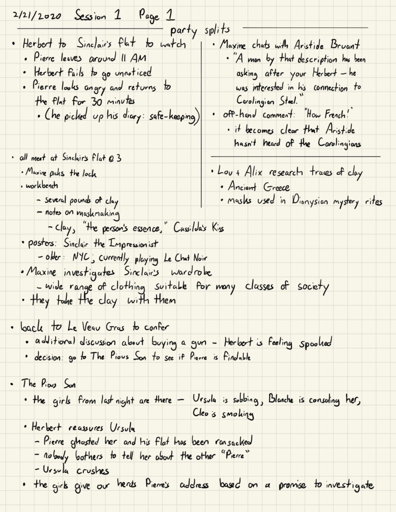 Session 1 actual play notes (page 1)