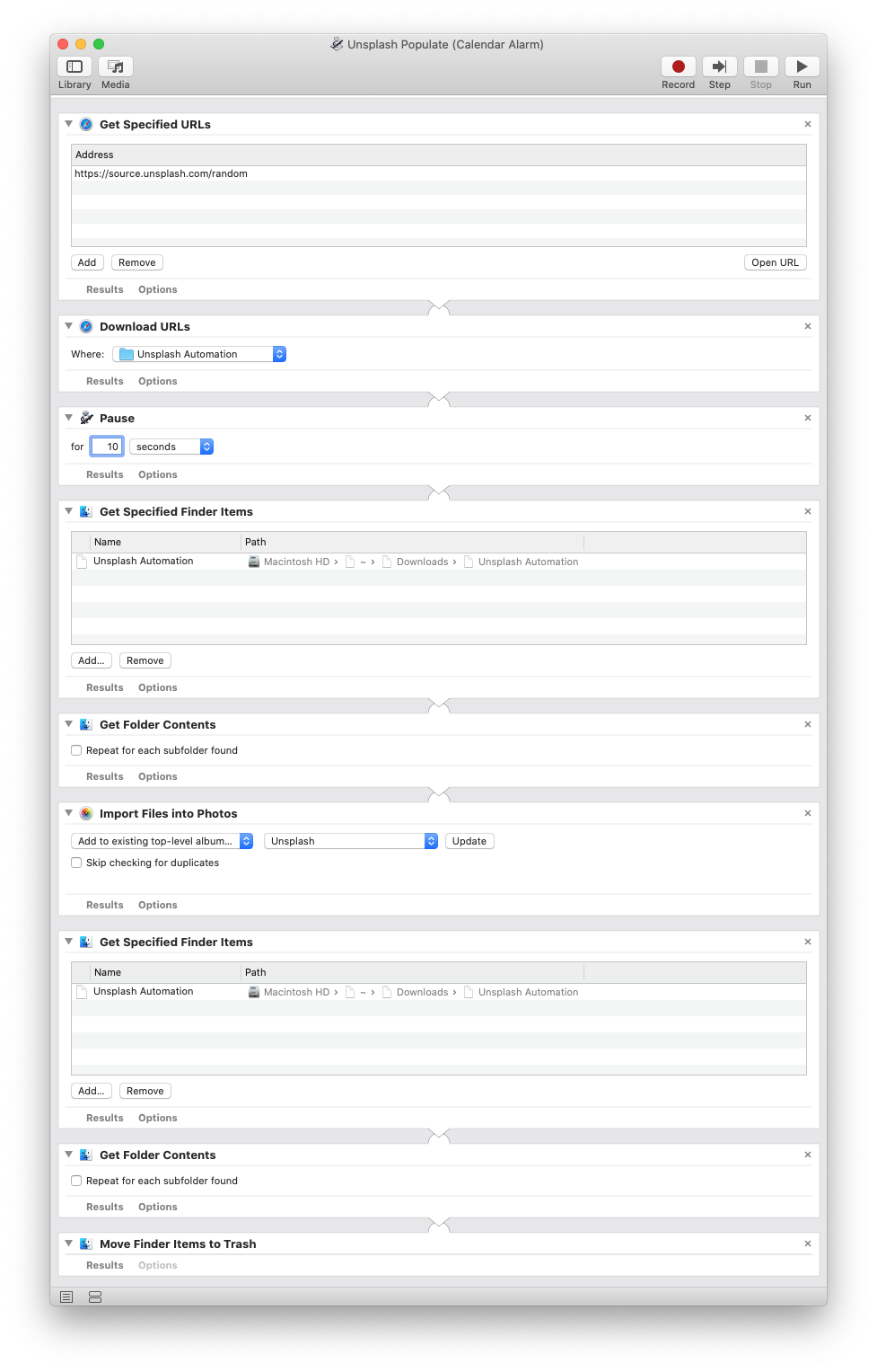 Lengthy Automator workflow, described in the text following.